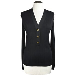 St‎ John Women's Black Knit Ribbed V Neck Size Medium Top Sweater Gold Buttons